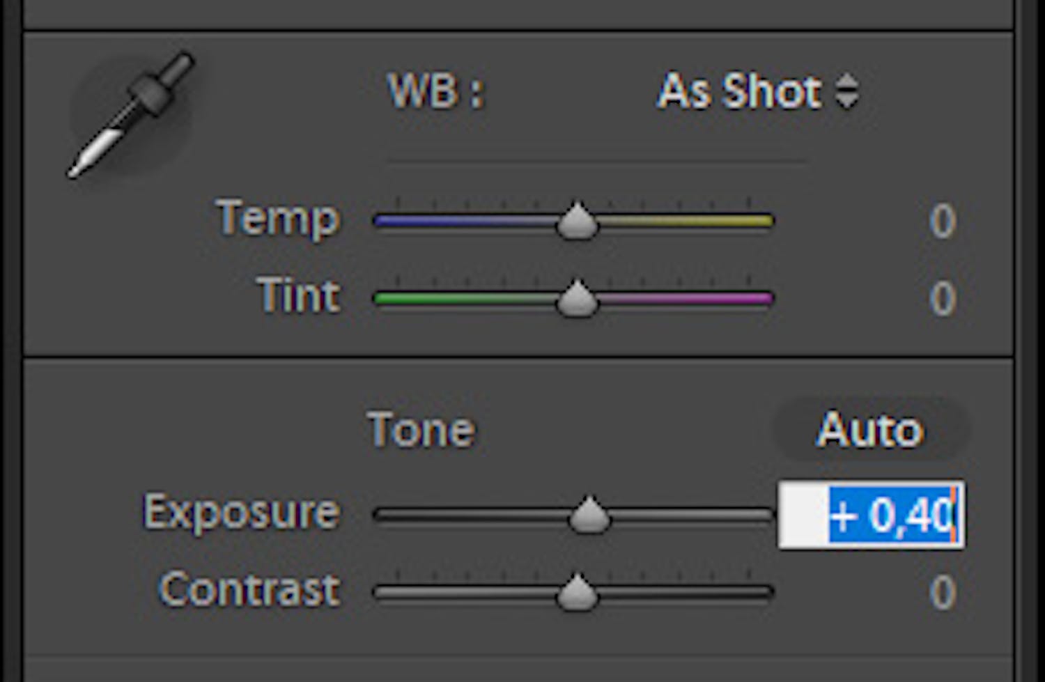 Skydeknapper i Lightroom